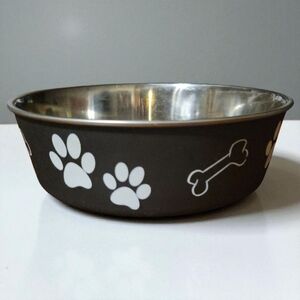 Pet Dog Cat Anti Skid STAINLESS STEEL Paw Prints Bones M 27 Oz Bella Bowl Rubber